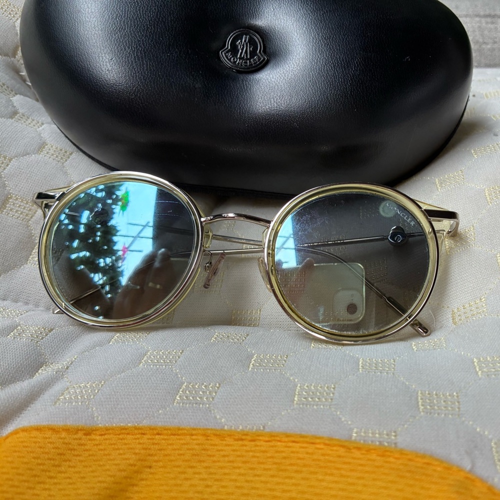 Moncler Round Silver Sunglasses with Blue-Tinted Lenses